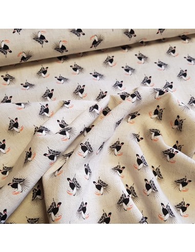 Tissu, Lin-Viscose Imprimé Toucans, Beige, Laize 135 cm, 55% Lin 45% Viscose