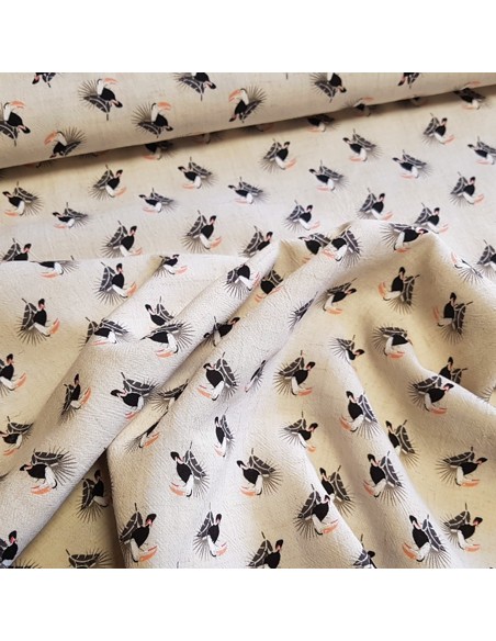 Tissu, Lin-Viscose Imprimé Toucans, Beige, Laize 135 cm, 55% Lin 45% Viscose