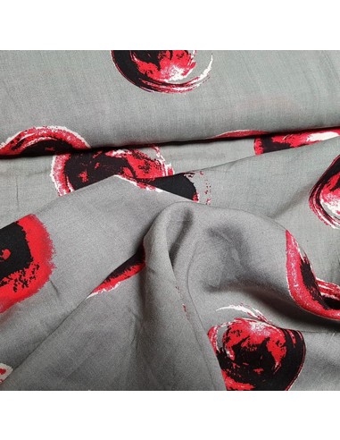 Tissu, Viscose Imprimée Bulles, Gris et Rouge, Laize 150 cm, 100% Viscose