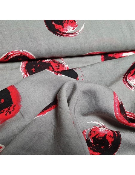 Tissu, Viscose Imprimée Bulles, Gris et Rouge, Laize 150 cm, 100% Viscose