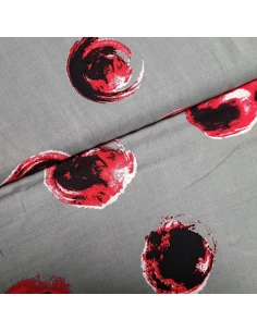 Tissu, Viscose Imprimée Bulles, Gris et Rouge, Laize 150 cm, 100% Viscose