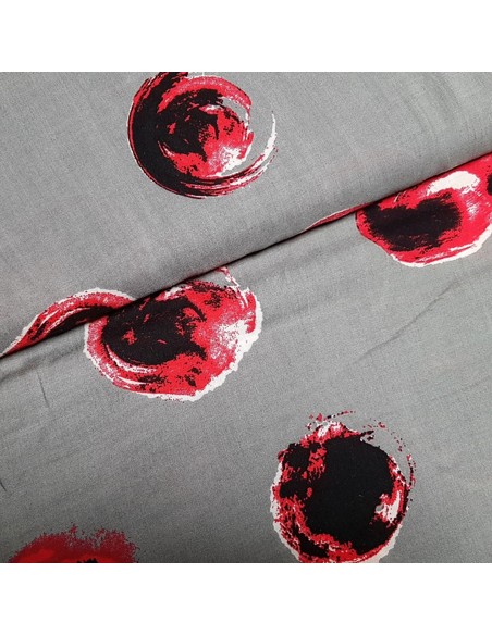 Tissu, Viscose Imprimée Bulles, Gris et Rouge, Laize 150 cm, 100% Viscose