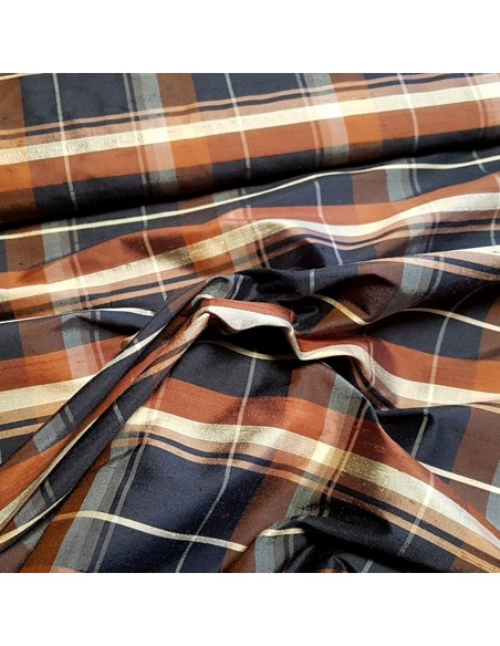 Tissu, Doupion de Soie Carreaux, Marrons Chauds, Laize 125 cm, 100% Soie