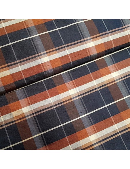 Tissu, Doupion de Soie Carreaux, Marrons Chauds, Laize 125 cm, 100% Soie