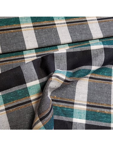 Tissu, Style Madras, Vert & Gris, Laize 150 cm, 50% Polyester 30% Lin 20% Viscose