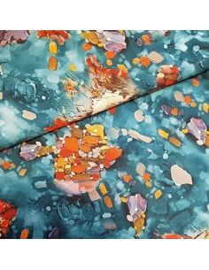 Tissu, Microfibre Stretch Imprimé Peinture, Bleu Pétrole, Laize 150 cm, 100% Polyester
