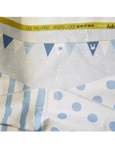 Tissu, Popeline de Coton Kit Fanions Bébé, Tons de Bleu, Laize 150 cm, 100% Coton 115g/m²