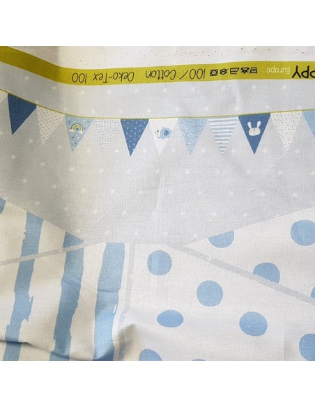 Tissu, Popeline de Coton Kit Fanions Bébé, Tons de Bleu, Laize 150 cm, 100% Coton 115g/m²