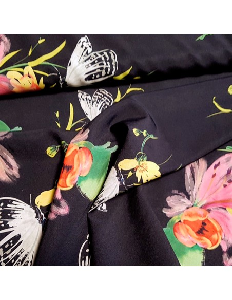 Tissu, Microfibre Stretch Imprimée, Fleurs et Papillons sur Fond Noir, Laize 150 cm, 95% Polyester 5% Spandex