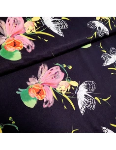 Tissu, Microfibre Stretch Imprimée, Fleurs et Papillons sur Fond Noir, Laize 150 cm, 95% Polyester 5% Spandex