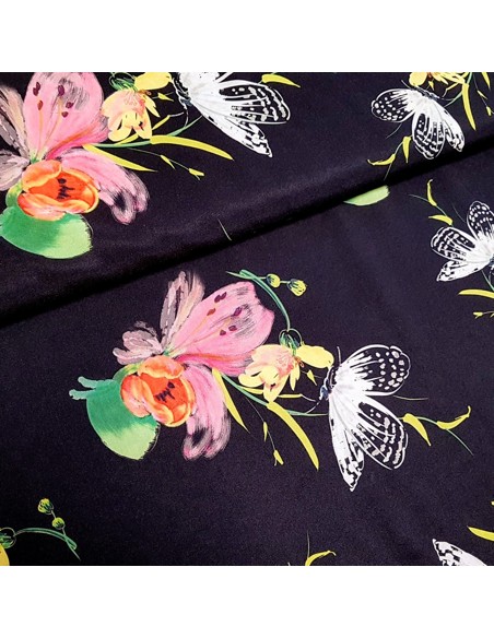Tissu, Microfibre Stretch Imprimée, Fleurs et Papillons sur Fond Noir, Laize 150 cm, 95% Polyester 5% Spandex
