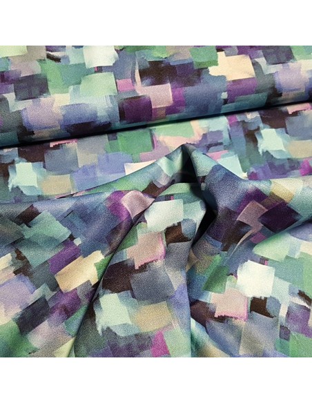 Tissu, Crêpe Imprimé Pixels, Bleu Multicolore, Laize 150 cm, 100% Polyester