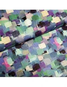 Tissu, Crêpe Imprimé Pixels, Bleu Multicolore, Laize 150 cm, 100% Polyester