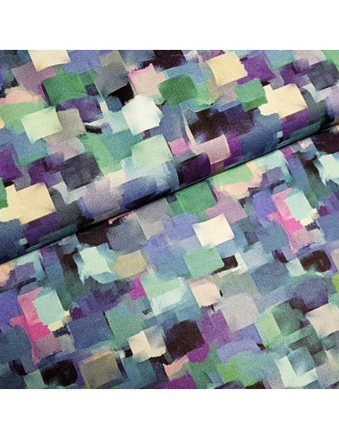 Tissu, Crêpe Imprimé Pixels, Bleu Multicolore, Laize 150 cm, 100% Polyester