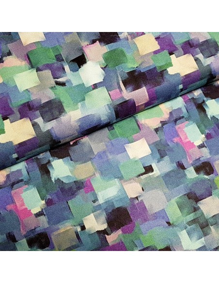 Tissu, Crêpe Imprimé Pixels, Bleu Multicolore, Laize 150 cm, 100% Polyester