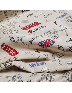 Tissu, Aspect Lin Motif London, Multicolore, Laize 140 cm, Bachette Coton Polyester 2