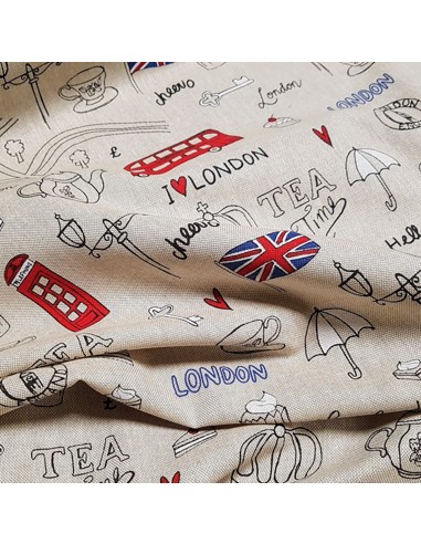 Tissu, Aspect Lin Motif London, Multicolore, Laize 140 cm, Bachette Coton Polyester