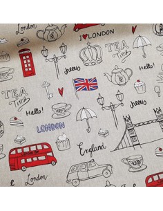 Tissu, Aspect Lin Motif London, Multicolore, Laize 140 cm, Bachette Coton Polyester