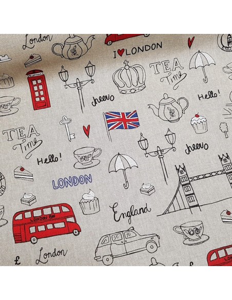 Tissu, Aspect Lin Motif London, Multicolore, Laize 140 cm, Bachette Coton Polyester