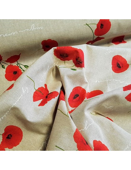 Tissu, Demi-natté Aspect Lin Imprimé Coquelicots, Écru Rouge Vert, Laize 140 cm, 80% Coton 20% Polyester 205g/m²
