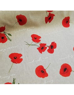 Tissu, Demi-natté Aspect Lin Imprimé Coquelicots, Écru Rouge Vert, Laize 140 cm, 80% Coton 20% Polyester 205g/m² 2