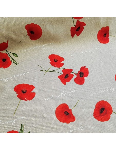 Tissu, Demi-natté Aspect Lin Imprimé Coquelicots, Écru Rouge Vert, Laize 140 cm, 80% Coton 20% Polyester 205g/m²