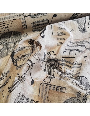 Tissu, Demi-Natté Aspect Lin, Partitions de Musique Écru & Noir, Laize 140 cm, 80% Coton 20% Polyester