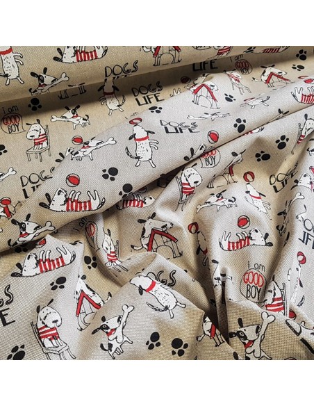 Tissu, Demi-Natté Motif Chiens, Écru Naturel, Laize 140 cm, Coton Polyester 205g/m²
