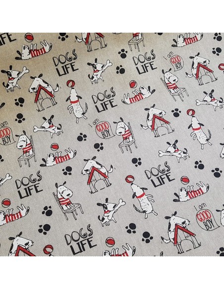 Tissu, Demi-Natté Motif Chiens, Écru Naturel, Laize 140 cm, Coton Polyester 205g/m²