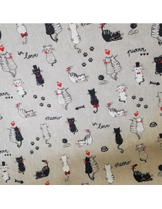 Tissu, Demi Natté Aspect Lin, Naturel Motif Chats, Laize 140 cm, 80% Coton 20% Polyester 200g/m² 2