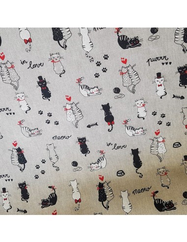Tissu, Demi Natté Aspect Lin, Naturel Motif Chats, Laize 140 cm, 80% Coton 20% Polyester 200g/m²