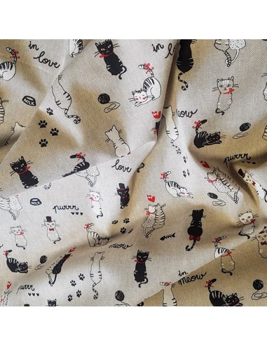 Tissu, Demi Natté Aspect Lin, Naturel Motif Chats, Laize 140 cm, 80% Coton 20% Polyester 200g/m²