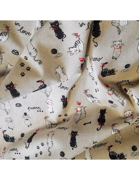Tissu, Demi Natté Aspect Lin, Naturel Motif Chats, Laize 140 cm, 80% Coton 20% Polyester 200g/m²