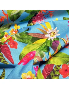 Tissu, Toile de Plein Air Fleurie, Bleu Turquoise, Laize 140 cm, 85% Coton 10% Polyester 5% Métal 235g/m² 2