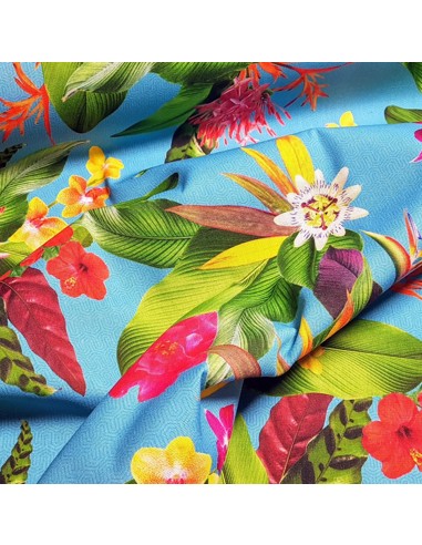 Tissu, Toile de Plein Air Fleurie, Bleu Turquoise, Laize 140 cm, 85% Coton 10% Polyester 5% Métal 235g/m²