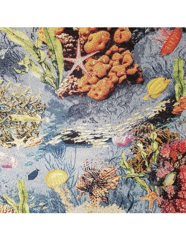 Tissu, Jacquard Gobelin Fonds Marins, Bleu Océan, Laize 140 cm, 58% Coton 32% Polyester 10% Acrylique 425g/m²