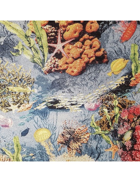 Tissu, Jacquard Gobelin Fonds Marins, Bleu Océan, Laize 140 cm, 58% Coton 32% Polyester 10% Acrylique 425g/m²