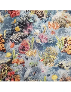 Tissu, Jacquard Gobelin Fonds Marins, Bleu Océan, Laize 140 cm, 58% Coton 32% Polyester 10% Acrylique 425g/m²