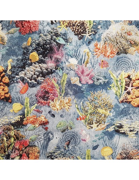 Tissu, Jacquard Gobelin Fonds Marins, Bleu Océan, Laize 140 cm, 58% Coton 32% Polyester 10% Acrylique 425g/m²