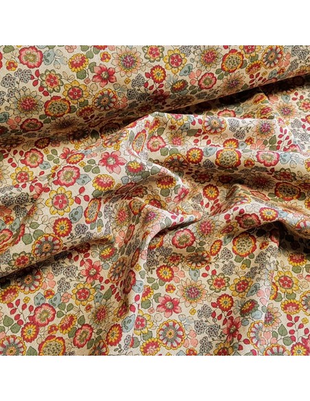 Tissu, Aspect Lin Fleuri, Multicolore, Laize 140 cm, 80% Coton 20% Polyester 200g/m²