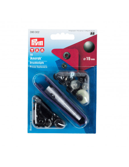 Bouton pression sans couture Anorak, 15mm, noir