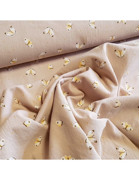 Tissu, Coton Lavé Papillons, Fond Sable, Laize 135 cm, 100% Coton 202.5g/m²