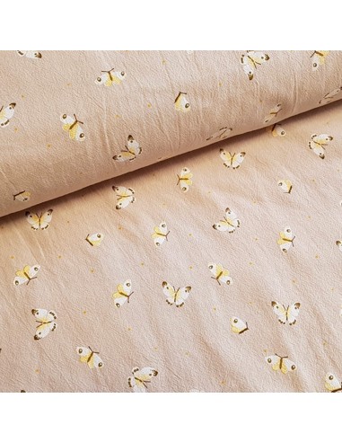 Tissu, Coton Lavé Papillons, Fond Sable, Laize 135 cm, 100% Coton 202.5g/m²