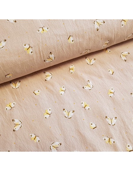 Tissu, Coton Lavé Papillons, Fond Sable, Laize 135 cm, 100% Coton 202.5g/m²