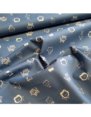 Tissu, Popeline de Coton Animaux, Bleu Jeans, Laize 150 cm, 100% Coton 195g/m²