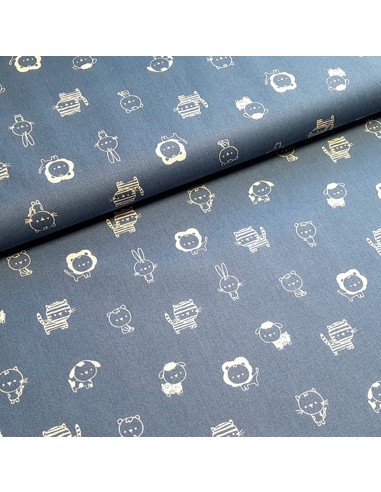 Tissu, Popeline de Coton Animaux, Bleu Jeans, Laize 150 cm, 100% Coton 195g/m²