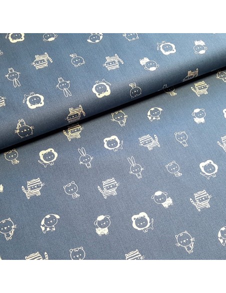 Tissu, Popeline de Coton Animaux, Bleu Jeans, Laize 150 cm, 100% Coton 195g/m²