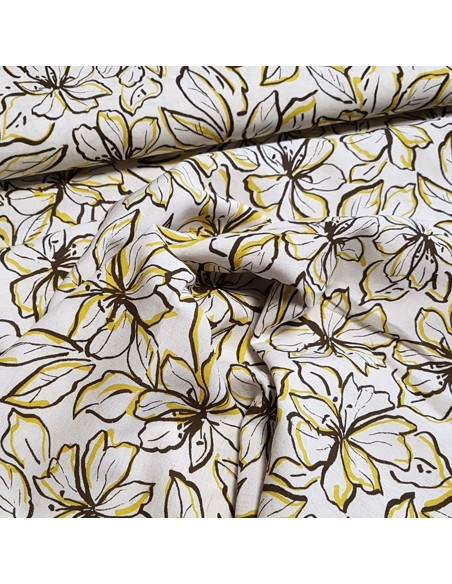 Tissu, Lin-Viscose Fleuri, Fond Beige, Laize 135 cm, 85% Viscose 15% Lin