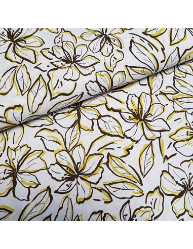 Tissu, Lin-Viscose Fleuri, Fond Beige, Laize 135 cm, 85% Viscose 15% Lin