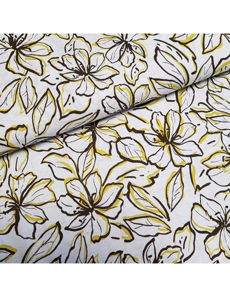 Tissu, Lin-Viscose Fleuri, Fond Beige, Laize 135 cm, 85% Viscose 15% Lin